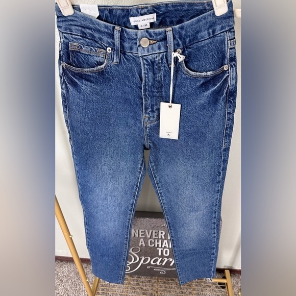 Good American Good Classic Jeans Crop Raw Hem Blue940 Size 0/25 NWT - Picture 6 of 10